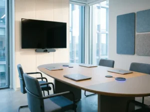 Moderne vergaderruimte met 4K-display, videobalk en ovale tafel met laptops, verlicht door groot raampartij.