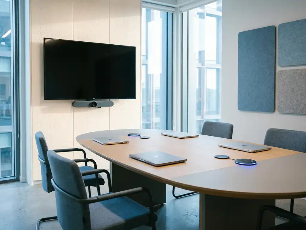 Moderne vergaderruimte met 4K-display, videobalk en ovale tafel met laptops, verlicht door groot raampartij.