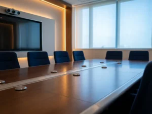 Vergaderzaal met AI-camera op scherm, microfoons op tafel en lege stoelen in koel zilver en marineblauw met warm accent licht.