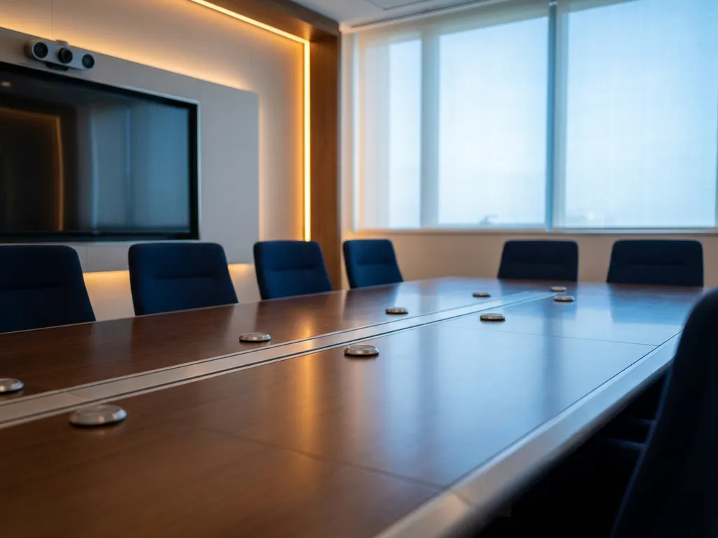 Vergaderzaal met AI-camera op scherm, microfoons op tafel en lege stoelen in koel zilver en marineblauw met warm accent licht.