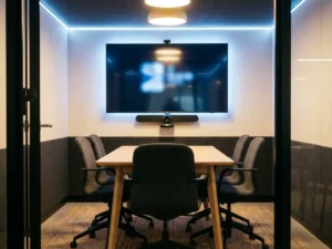 Compacte huddle room met wandgemonteerd scherm, soundbar en camera boven een kleine vergadertafel met ergonomische stoelen.