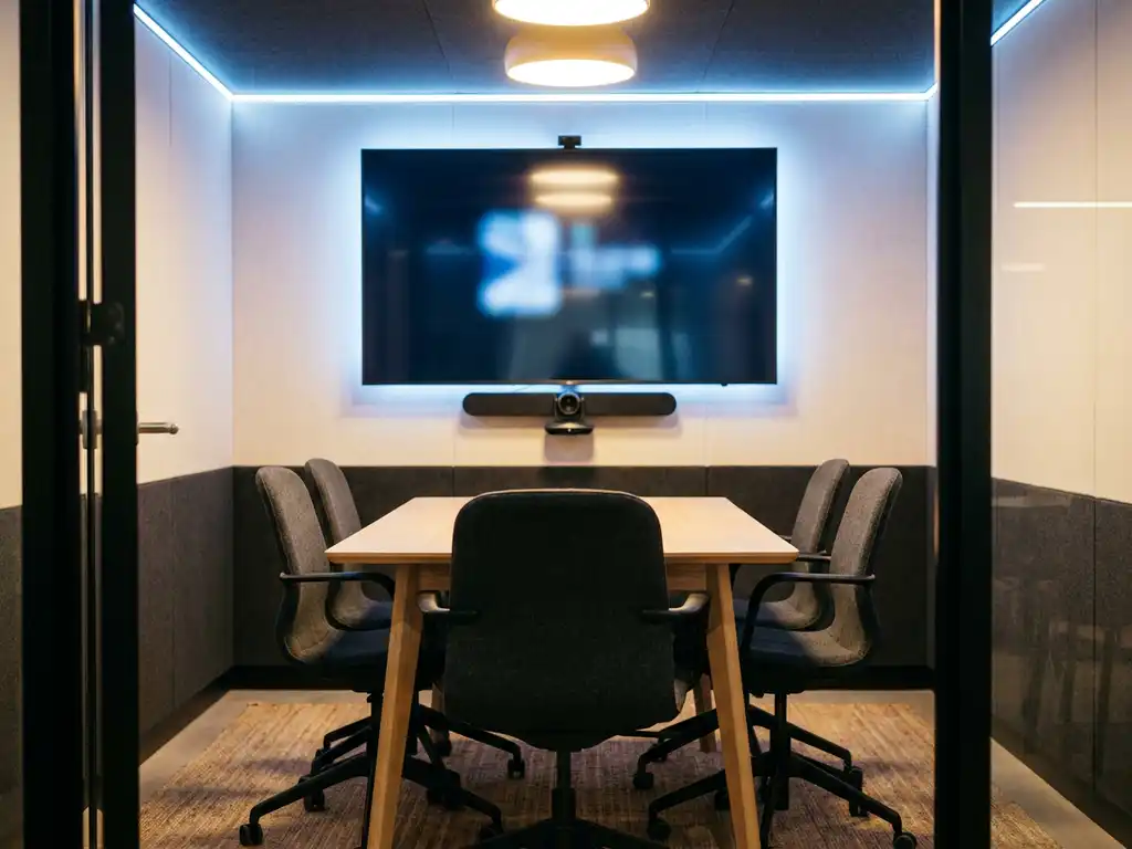 Compacte huddle room met wandgemonteerd scherm, soundbar en camera boven een kleine vergadertafel met ergonomische stoelen.