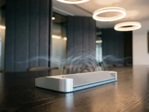 Conferentie-microfoonarray op gepolijste vergadertafel met akoestische plafondpanelen en warme sfeerverlichting op de achtergrond.
