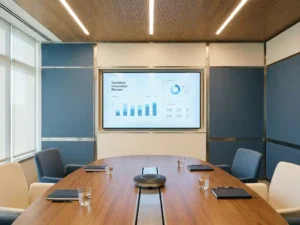 Moderne vergaderruimte met ovaal tafel, speakerphone, notitieboekjes en waterglazen voor een zakelijke presentatie.
