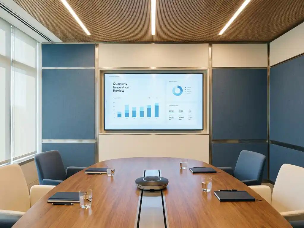 Moderne vergaderruimte met ovaal tafel, speakerphone, notitieboekjes en waterglazen voor een zakelijke presentatie.