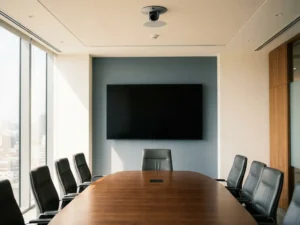 Moderne vergaderruimte met ovale tafel, ergonomische stoelen en groot wandscherm, natuurlijk licht door vloer-tot-plafondvensters.