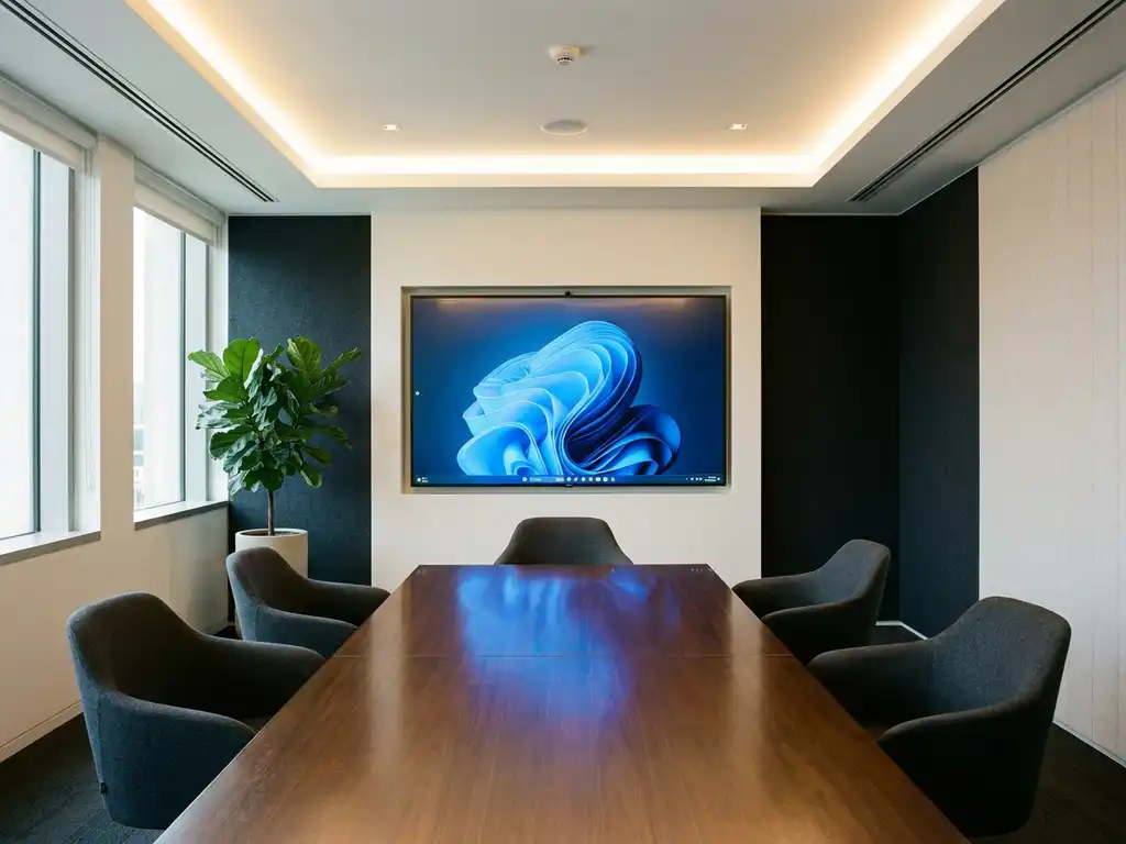 Moderne vergaderruimte met groot verlicht beeldscherm, gepolijste tafel en ergonomische stoelen in warme witte en antraciet tinten.