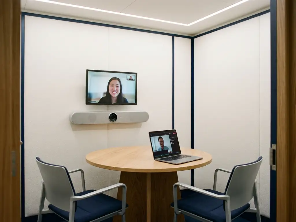 Compacte vergaderruimte met video-bar op klein scherm, ronde tafel met twee stoelen en laptop met remote deelnemer.