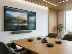 Grote 4K-display op witte muur in moderne vergaderruimte met soundbar, conferencecamera en draadloze microfoonpods op eikenhouten tafel.