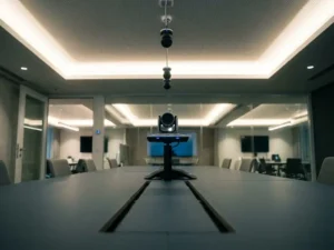 Moderne vergaderzaal met conferentiecamera en plafondmicrofoon, glazen wanden met zichtbare meetingruimtes op de achtergrond.