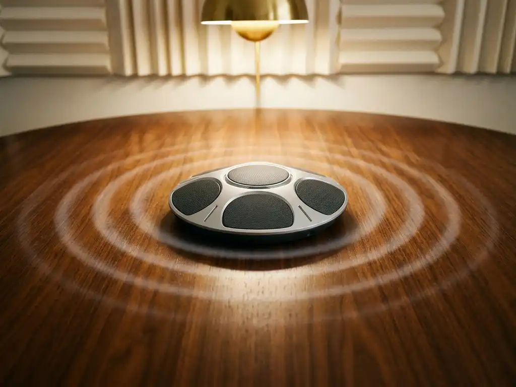 Vergadertafelmicrofoon op gepolijste tafel met akoestische plafondpanelen en zachte gouden verlichting in moderne vergaderruimte.
