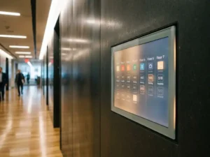 Digitaal vergaderruimtepaneel op kantoorwand met kalenderoverzicht van beschikbare en bezette ruimtes, warme en koele tinten.