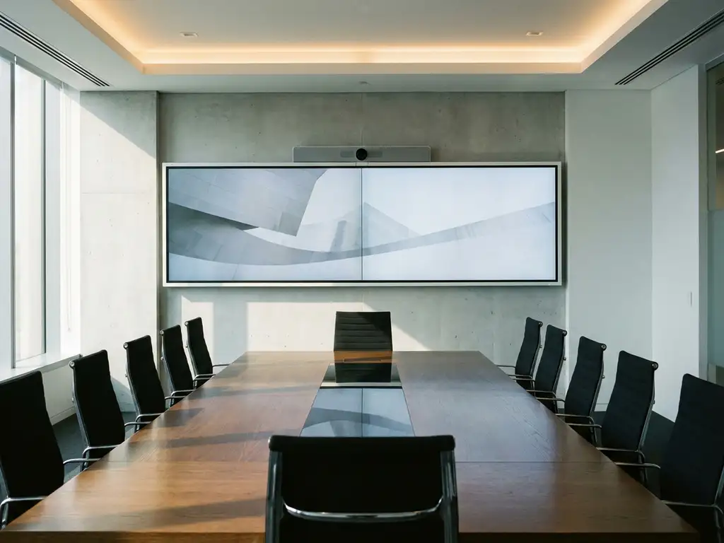 Strakke vergaderruimte met breed beeldscherm op betonnen wand, donkere eikenhouten tafel en minimalistische zwarte stoelen.