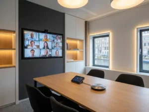 Moderne Nederlandse vergaderruimte met groot wandscherm voor videovergadering, minimalistisch tafelblad met touchcontroller en speakerphone.