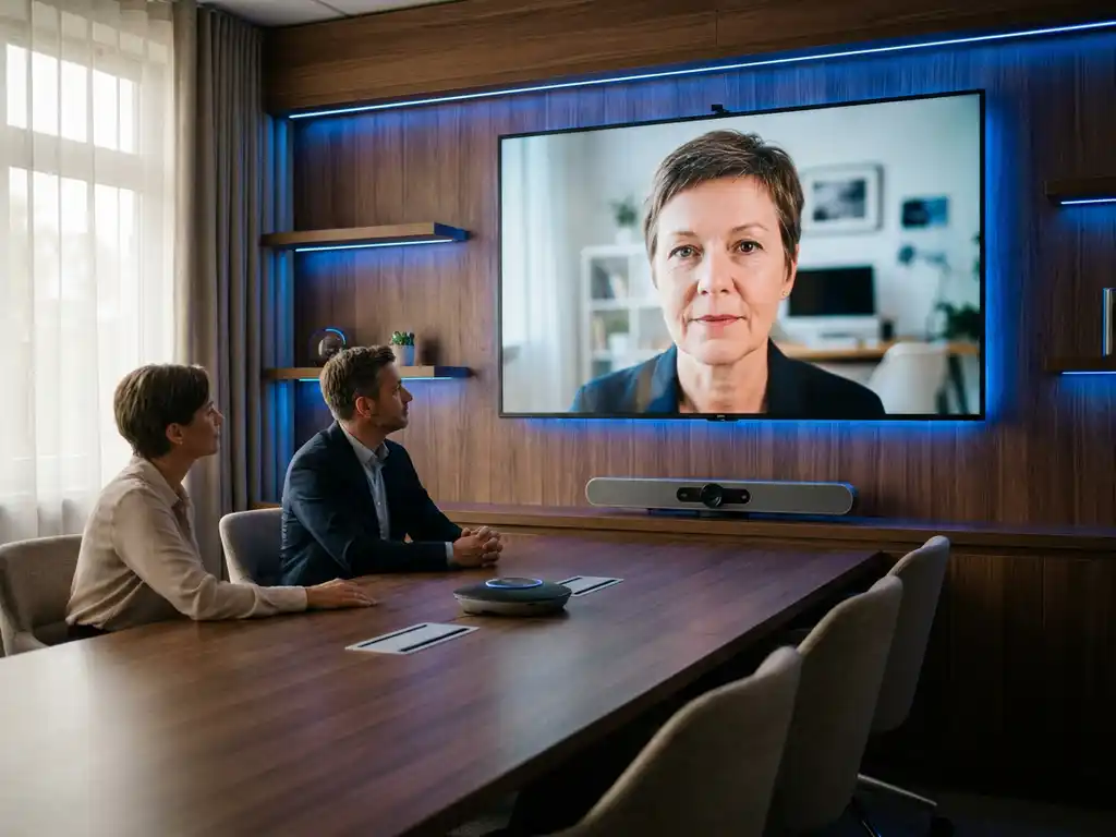 Twee collega's aan een vergadertafel met camerabalk en speakerphone, kijkend naar een remote deelnemer op een groot 4K-display.