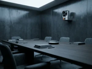 AI-beveiligingscamera in vergaderruimte boven lege tafel met notitieboeken en microfoon, oranje indicatielampje gloeit.