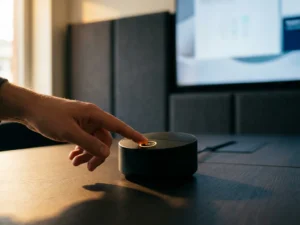 Hand die een verlichte standby-knop van een zwarte AI-microfoon op een vergadertafel aanraakt, met akoestische panelen op de achtergrond.