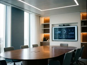 AI-conferentiecamera op groot beeldscherm boven ovale vergadertafel in moderne boardroom met vloer-tot-plafond ramen.