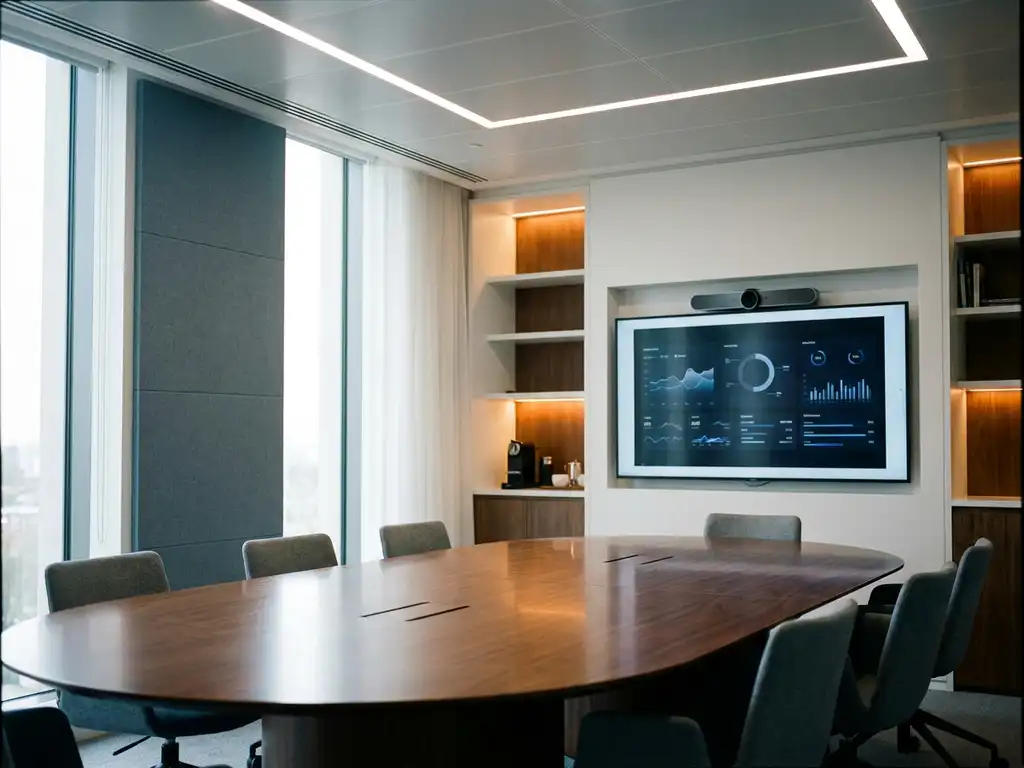 AI-conferentiecamera op groot beeldscherm boven ovale vergadertafel in moderne boardroom met vloer-tot-plafond ramen.