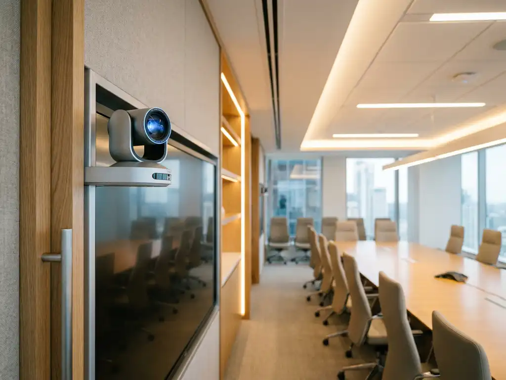 AI-vergadercamera op een modern beeldscherm in een lege boardroom met ergonomische stoelen en een gepolijste lange tafel.