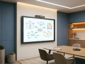 Interactief digitaal whiteboard in vergaderzaal met kleurrijke handgeschreven diagrammen en sticky-note clusters, AI-camera module bovenop.