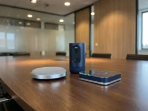 Drie draadloze vergaderdevices op een glanzende conferentietafel in een modern Nederlands kantoor, gefotografeerd vanuit vogelperspectief.