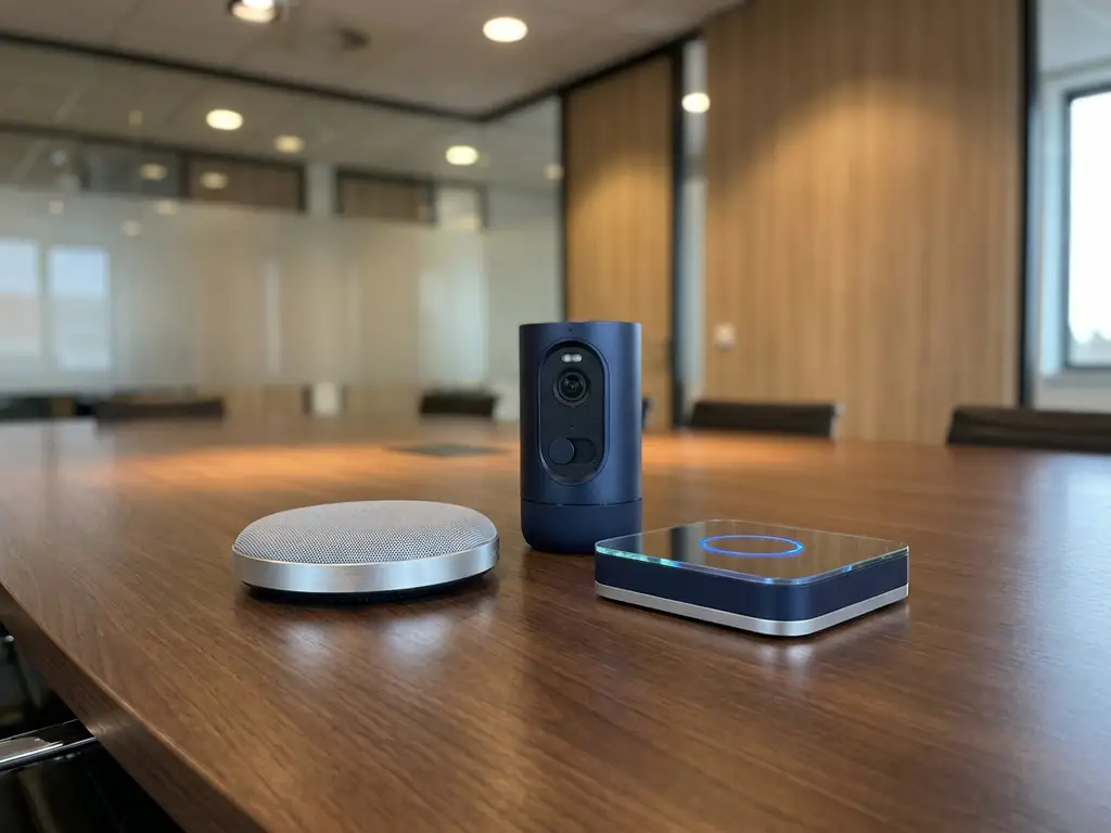 Drie draadloze vergaderdevices op een glanzende conferentietafel in een modern Nederlands kantoor, gefotografeerd vanuit vogelperspectief.
