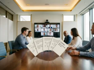 Vergadercamera boven een beeldscherm tijdens een hybride meeting, met AI-transcriptiekaarten uitgewaaierd op een glanzende boardroomtafel.