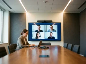 Moderne vergaderruimte met smart camera die een hybride videovergadering inkaadert op groot wandscherm, akoestische panelen en zacht plafondlicht.