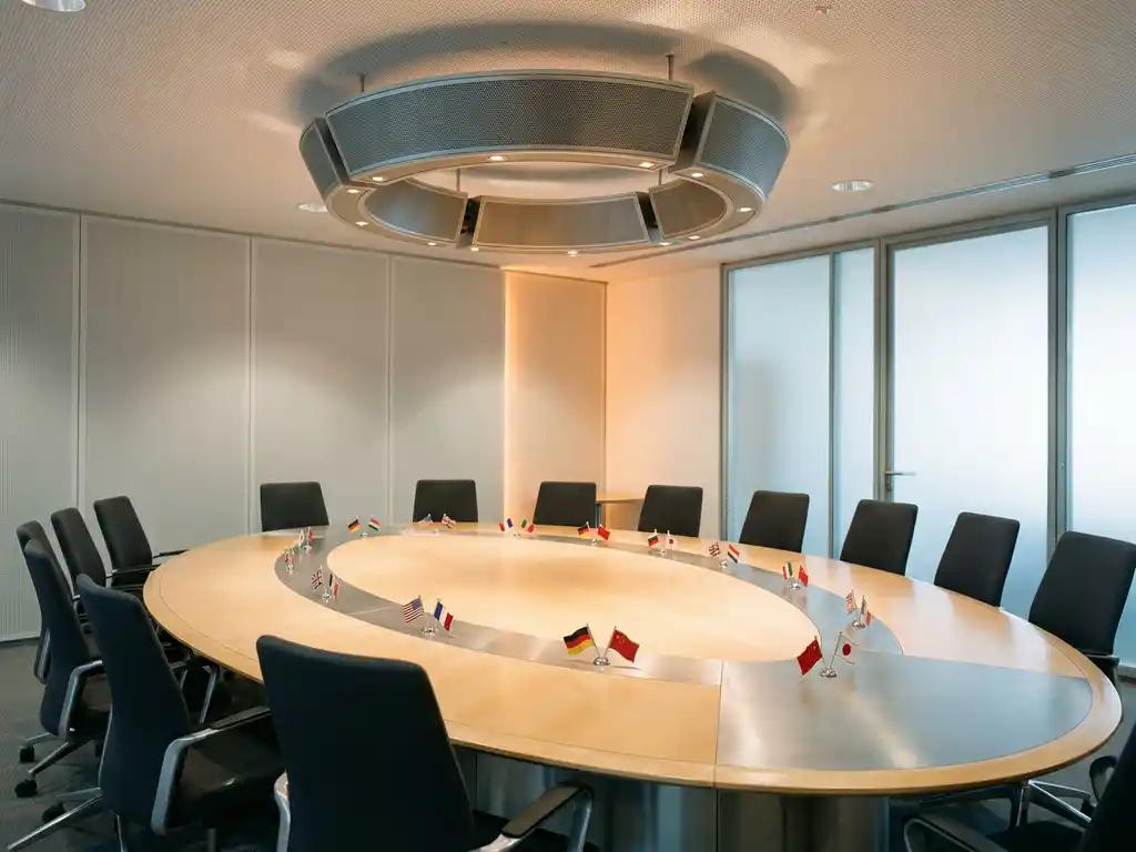 Moderne vergaderzaal met ovale tafel, nationale vlagpinnen als taalmarkeringen en professioneel plafondluidsprekersysteem.