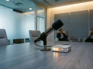 Scheefgeplaatste microfoon op vergadertafel naast een AI-audioprocessor in een moderne boardroom met matglazen wanden.