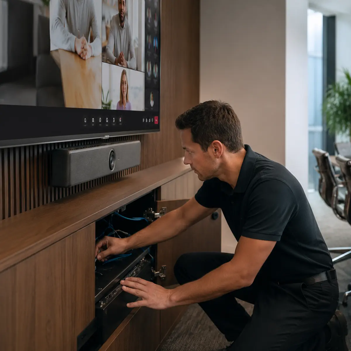 AV-specialist controleert bestaande apparatuur voor Microsoft Teams Rooms