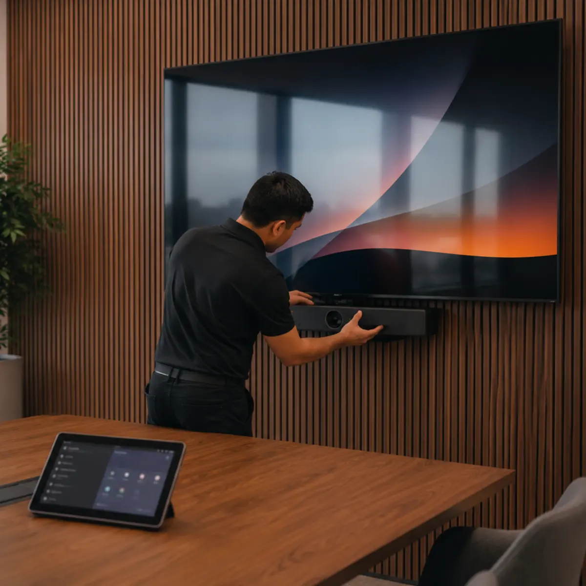 Monteur installeert Microsoft Teams Rooms-apparatuur in vergaderruimte