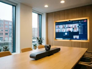 Moderne vergaderruimte met Microsoft Teams Rooms-opstelling, groot wandscherm met videovergadering en conferentiecamera op tafel.