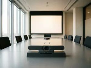 Moderne vergaderruimte met groot wandscherm, minimalistische tafel en professionele camerabalk voor hybride vergaderen.
