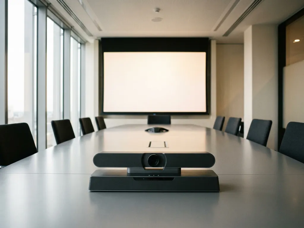 Moderne vergaderruimte met groot wandscherm, minimalistische tafel en professionele camerabalk voor hybride vergaderen.