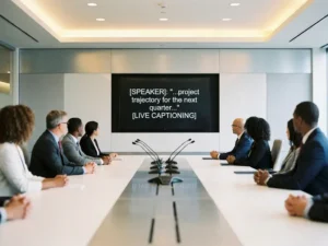 Vergaderruimte met live ondertiteling op groot scherm, deelnemers rond conferentietafel met microfoonarray, moderne AV-opstelling.