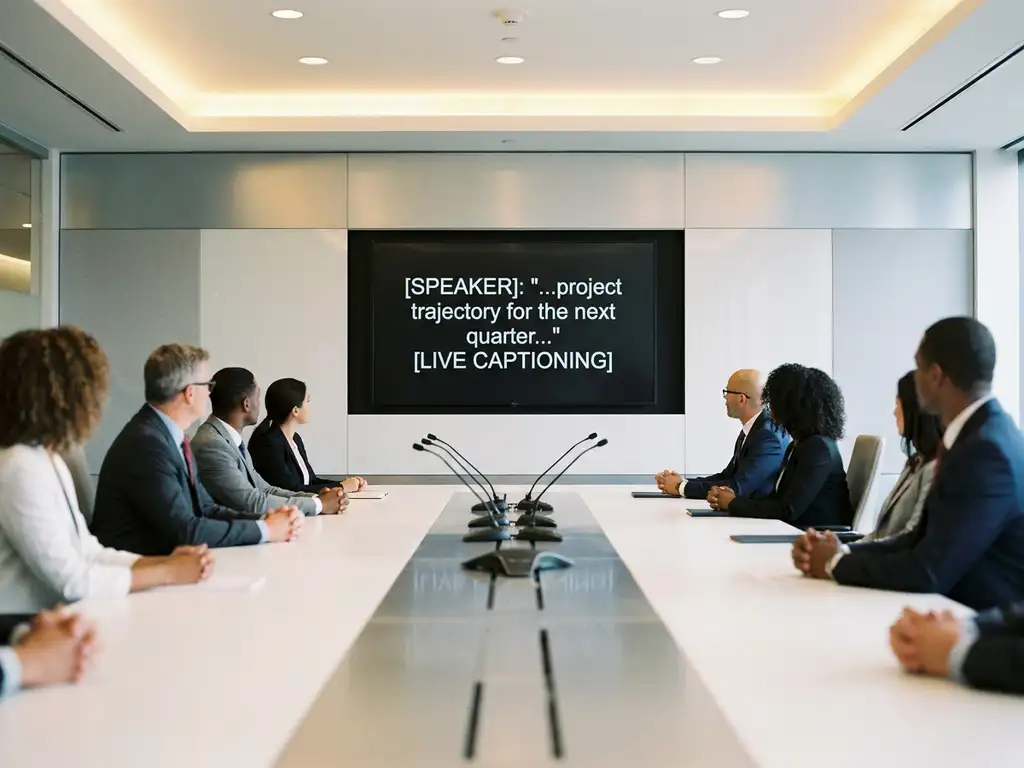 Vergaderruimte met live ondertiteling op groot scherm, deelnemers rond conferentietafel met microfoonarray, moderne AV-opstelling.