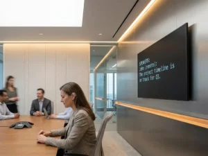 Slechthorende professional leest AI-gegenereerde ondertitels op conferentiescherm tijdens hybride vergadering in moderne Teams-ruimte.