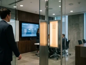 Slim vergaderzaalpaneel naast glazen deur activeert automatisch terwijl professional nadert, modern kantoorinterieur met warme verlichting.