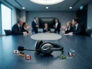 Tolk-headset op vergadertafel omringd door vlaggenspeldjes, met internationale vergadering op de achtergrond.