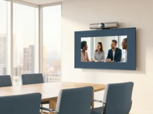 Conferentiecamera boven een widescreen display die automatisch een groep professionals inkaadert in een moderne vergaderruimte met vloer-tot-plafond ramen.