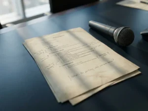 Gedrukte vergaderagenda met handgeschreven aantekeningen naast een professionele microfoon op een conferentietafel, bovenaanzicht.