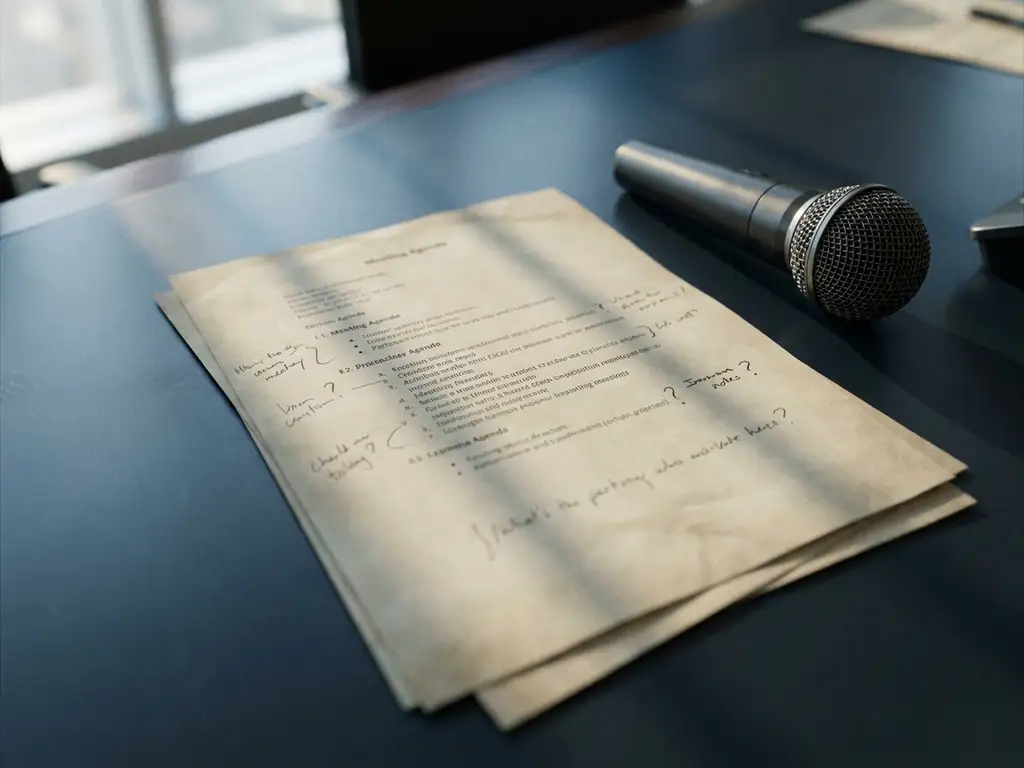 Gedrukte vergaderagenda met handgeschreven aantekeningen naast een professionele microfoon op een conferentietafel, bovenaanzicht.