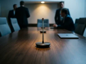 Conferentieruimtemicrofoon op gepolijste vergadertafel met wazige deelnemers op de achtergrond, stalen blauwe en antraciet tinten.