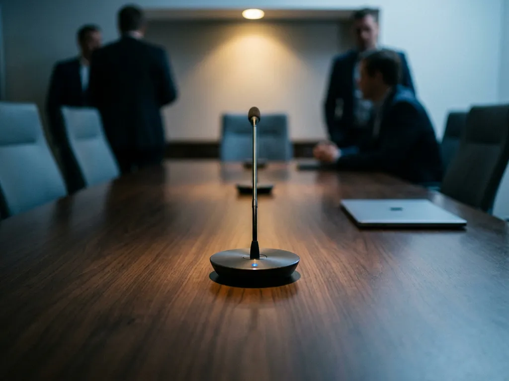 Conferentieruimtemicrofoon op gepolijste vergadertafel met wazige deelnemers op de achtergrond, stalen blauwe en antraciet tinten.
