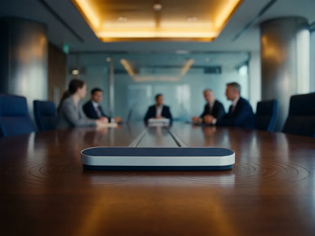 Vergadermicrofoon op gepolijste boardroomtafel met subtiele geluidsgolven, deelnemers op de achtergrond, warme amber verlichting.
