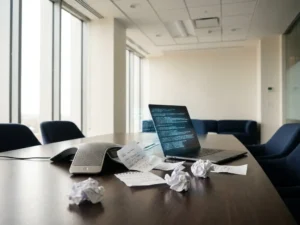 Vergadermicrofoon op gepolijste tafel met papieren notities naast laptop met digitale samenvattingen, moderne boardroom met vloer-tot-plafond ramen.