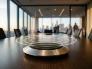 Vergadermicrofoon op donkere tafel met zichtbare geluidsgolven, onscherpe boardroom op de achtergrond.
