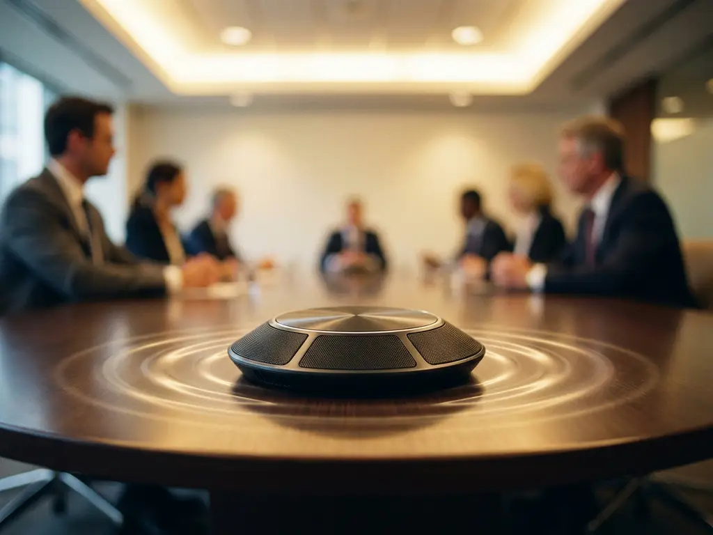 Vergaderruimtemicrofoon op gepolijste ovale tafel met geluidsgolven, professionals op de achtergrond in bokeh, warme gouden belichting.